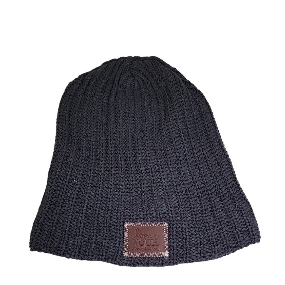 Love Your Melon Chunky Knit Beanie Hat Brown Logo Patch